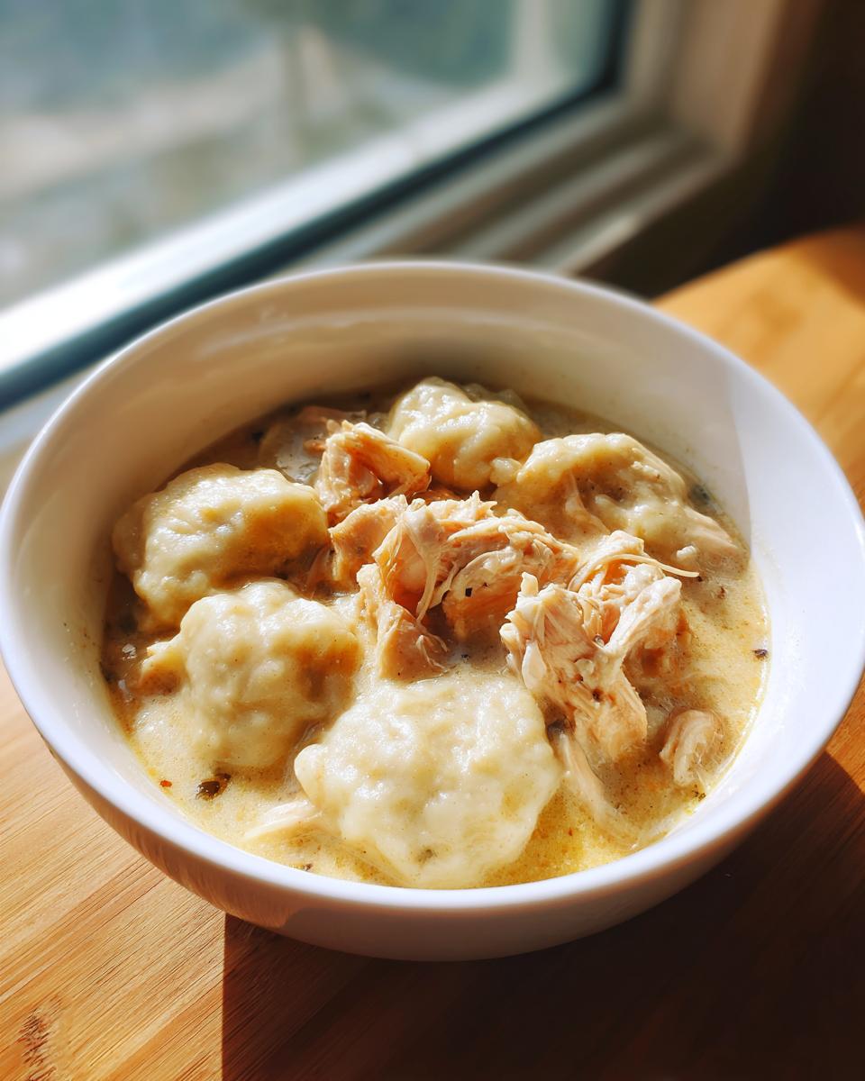 A white bowl filled with creamy Chicken And Dumplings, featuring shredded chicken and soft dumplings.