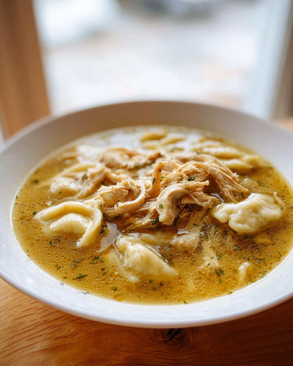 Close-up of a white bowl filled with rich broth, shredded chicken, and soft dumplings for Chicken And Dumplings.