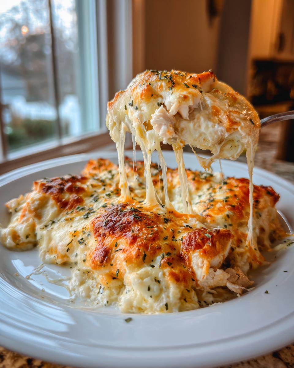 A serving spoon lifts a portion of cheesy Chicken Bacon Ranch Casserole, showing extreme cheese pull.