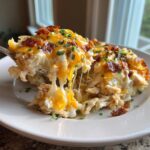 A spoonful of gooey Chicken Bacon Ranch Casserole showing a dramatic cheese pull, topped with bacon and chives.