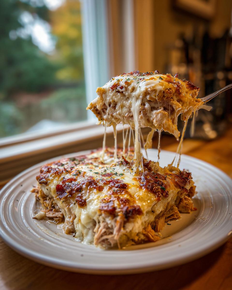 A serving of Chicken Bacon Ranch Casserole being lifted, showing extreme cheese pull and melted cheese topping.