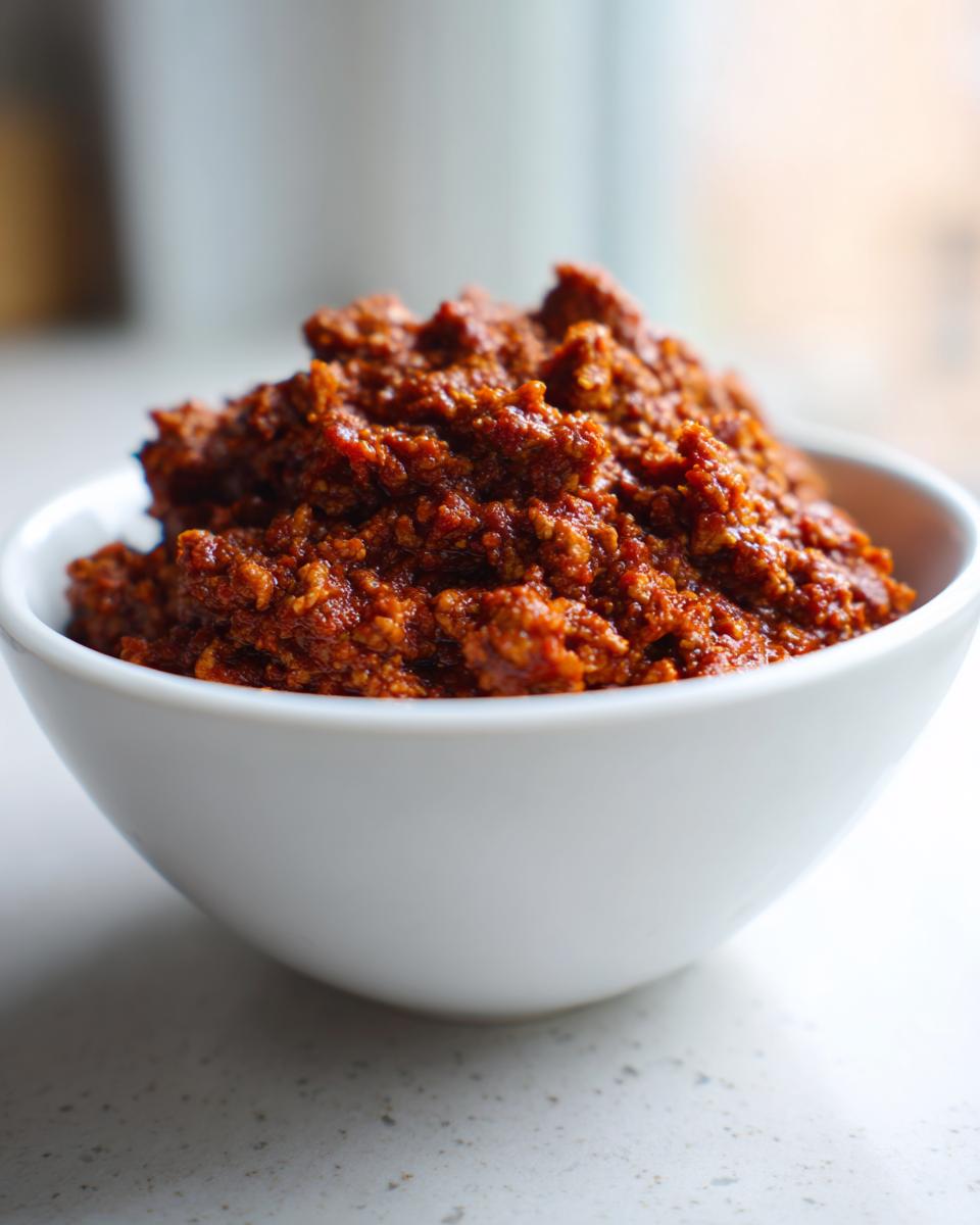 Close-up of a thick, deep red spice paste, likely the base for the Chicken Chili recipe.