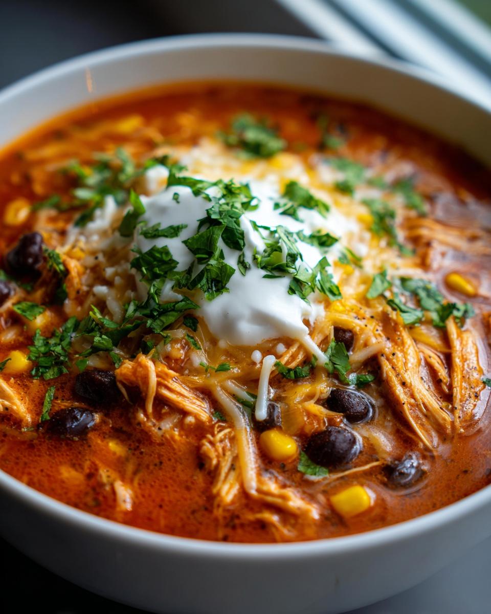 Close-up of a bowl of rich Chicken Enchilada Soup topped with shredded chicken, cheese, sour cream, and cilantro.