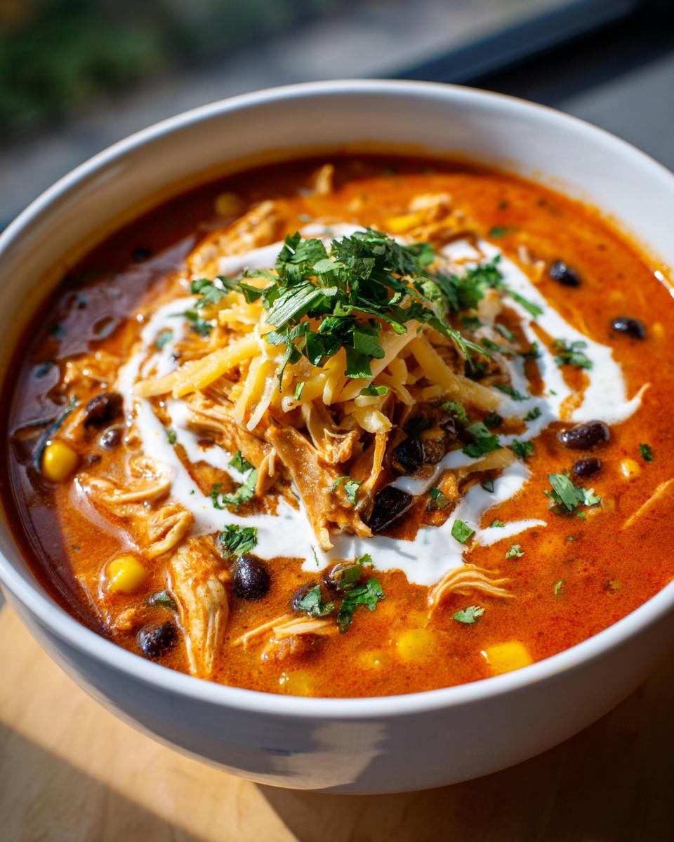 Close-up of a rich, red bowl of Chicken Enchilada Soup topped with shredded cheese, sour cream, and cilantro.