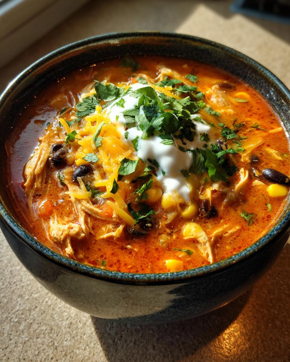 A close-up of a bowl of vibrant Chicken Enchilada Soup topped with sour cream, shredded cheese, and cilantro.