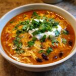 A close-up of a white bowl filled with rich, orange Chicken Enchilada Soup, topped with sour cream, shredded cheese, and fresh cilantro.