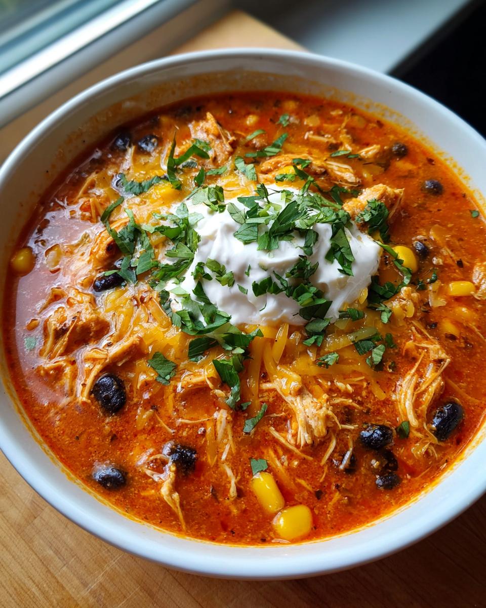 A close-up of a bowl of rich, red Chicken Enchilada Soup topped with shredded cheese, sour cream, and cilantro.