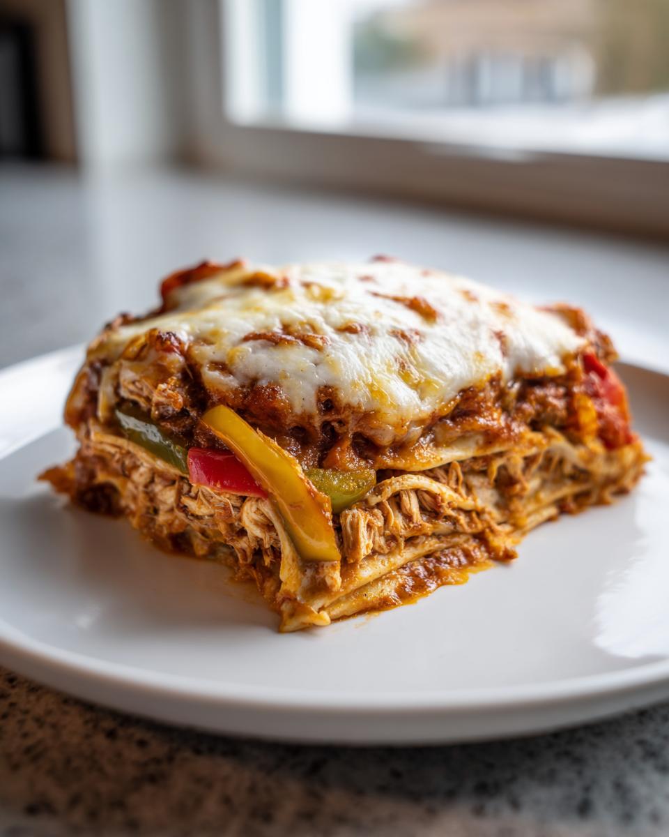 A generous slice of Chicken Fajita Casserole layered with shredded chicken, peppers, and topped with melted cheese.