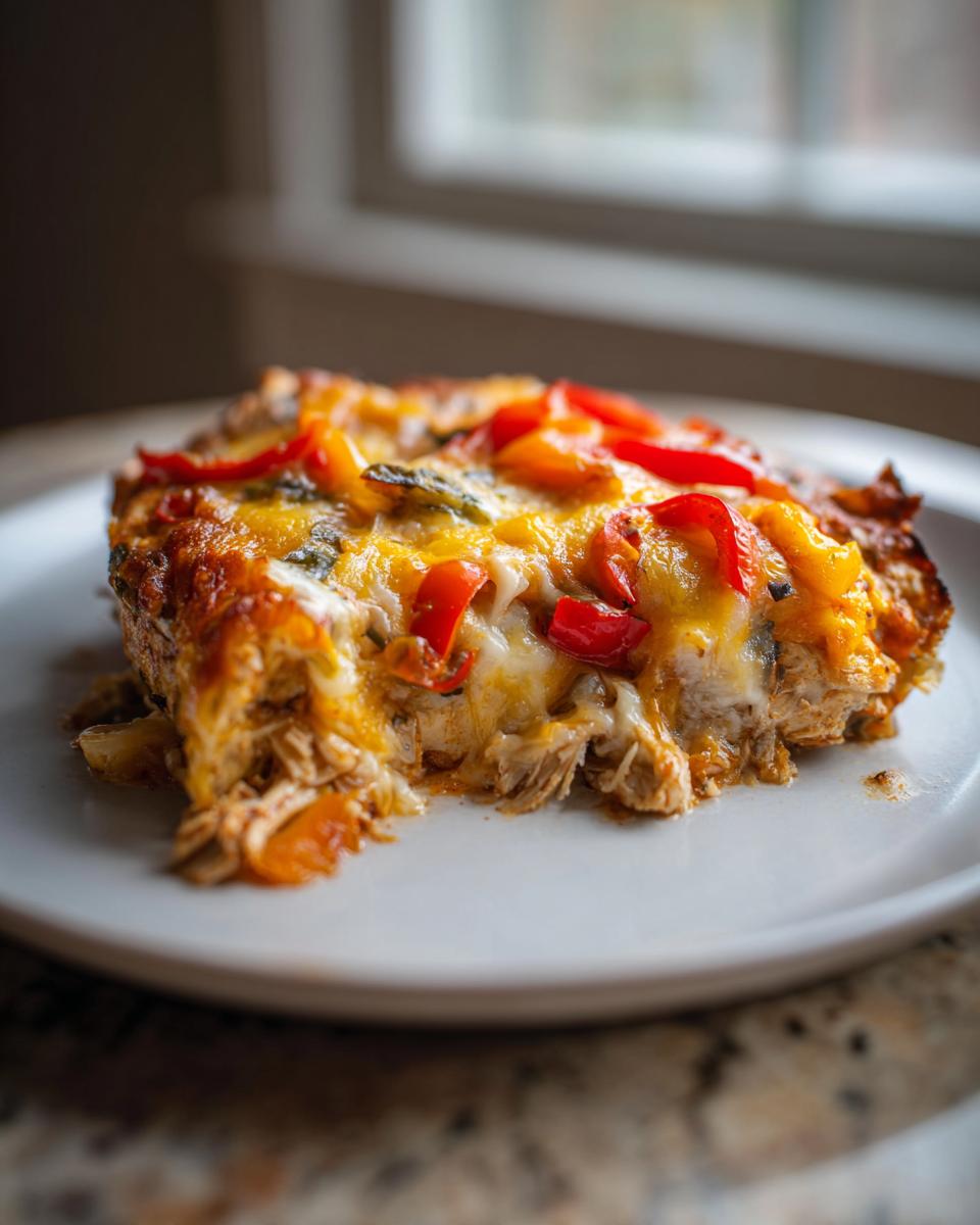 A close-up of a serving of Chicken Fajita Casserole, showing shredded chicken, melted cheese, and red bell peppers.