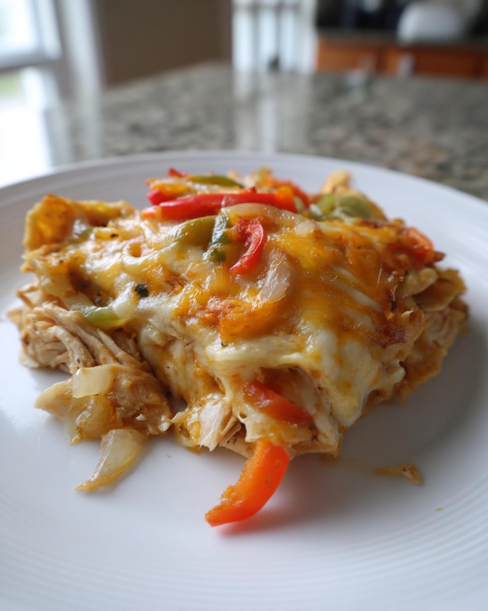 A close-up serving of Chicken Fajita Casserole topped with melted cheese and colorful bell peppers.