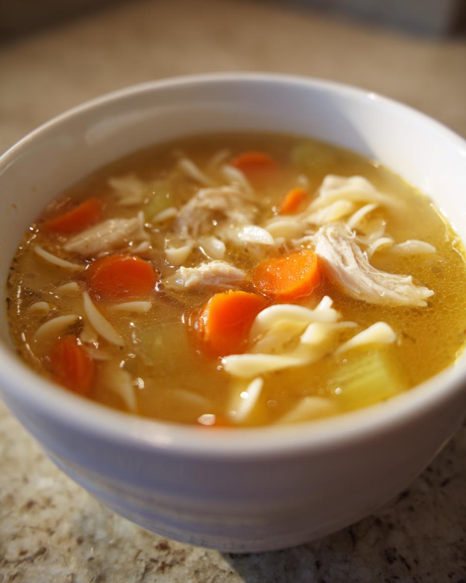 A close-up view of a white bowl filled with steaming Chicken Noodle Soup, featuring shredded chicken, bright carrots, and egg noodles.