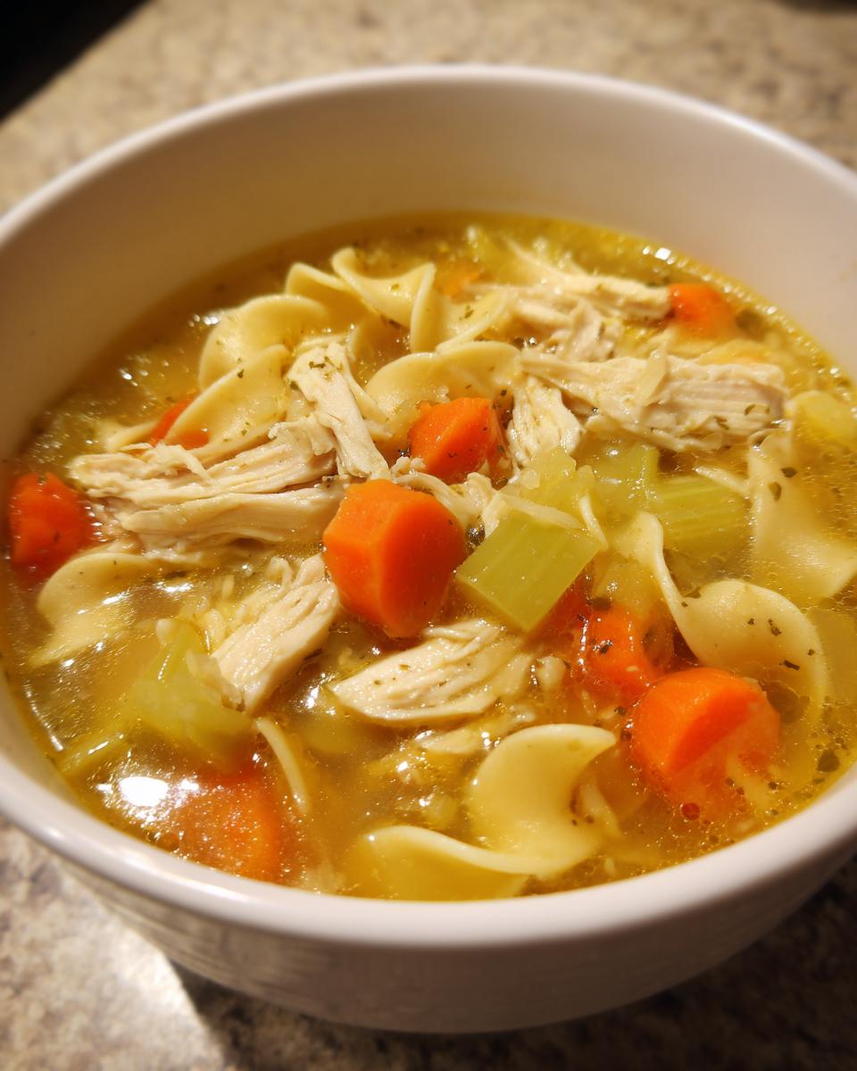 A comforting bowl of homemade Chicken Noodle Soup featuring shredded chicken, egg noodles, carrots, and celery in broth.