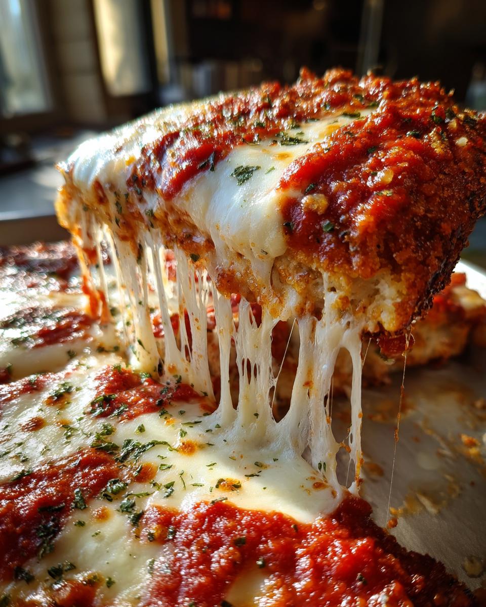 A slice of Chicken Parmesan Bake being lifted, showing dramatic, long cheese pulls over rich marinara sauce.