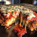 Close-up of a slice being pulled from a Chicken Parmesan Bake showing melted, stringy mozzarella cheese and rich tomato sauce.