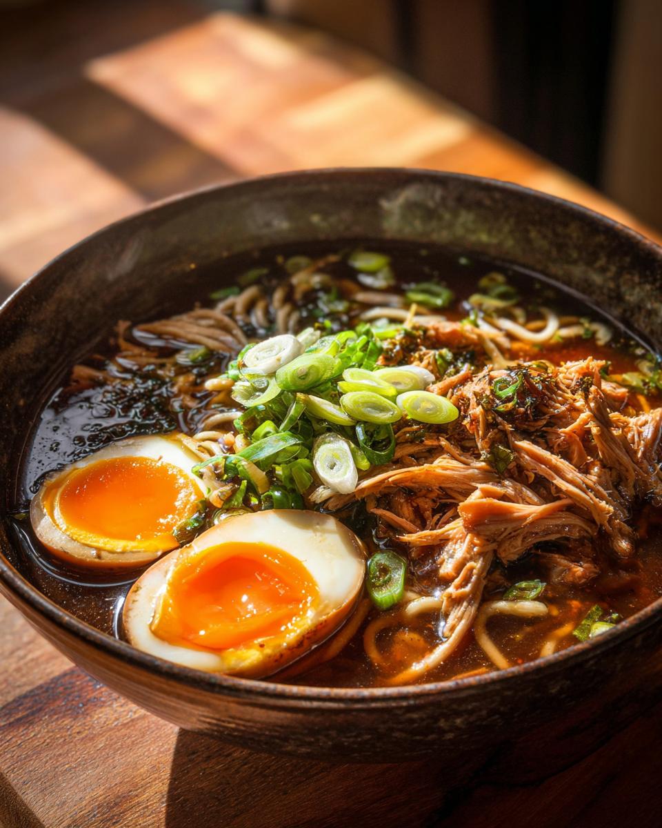 Close-up of a bowl of rich Chicken Ramen topped with shredded chicken, green onions, and two halves of a jammy soft-boiled egg.