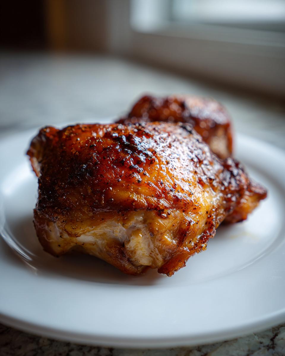 Close-up of two perfectly cooked, glazed Chicken Thighs Crockpot servings on a white plate.