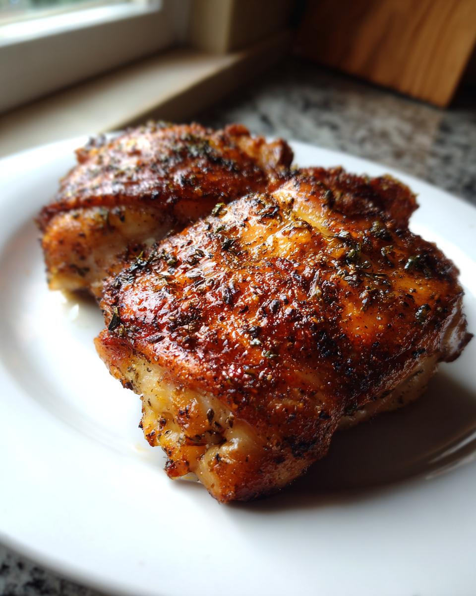 Two beautifully browned and seasoned Chicken Thighs Crockpot pieces resting on a white plate.