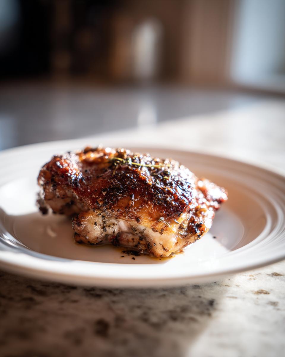 A single, beautifully browned and seasoned chicken thighs crockpot portion served on a white plate.