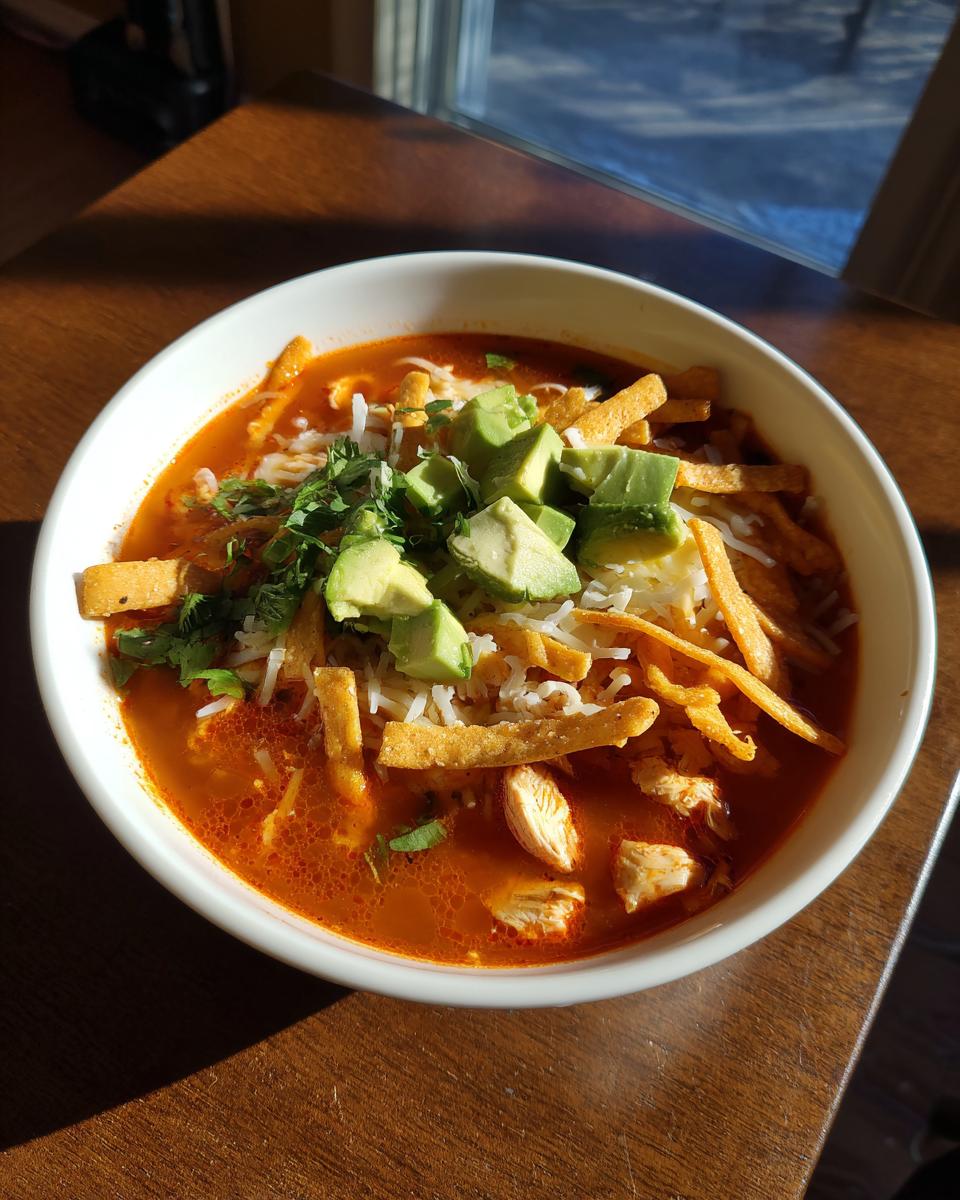 A white bowl filled with vibrant red Chicken Tortilla Soup, topped with avocado, cheese, and tortilla strips.