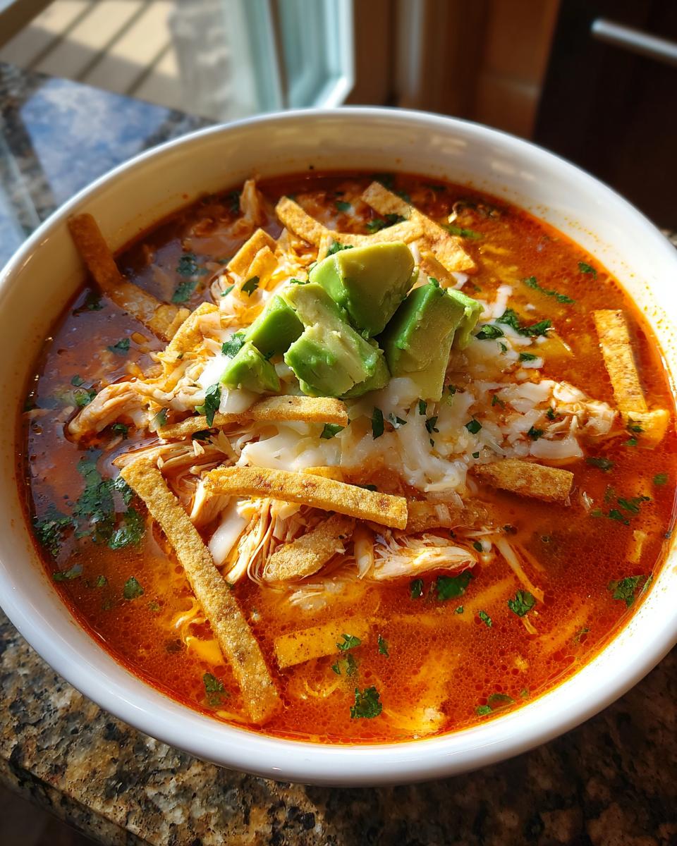 A vibrant bowl of Chicken Tortilla Soup topped with shredded chicken, cheese, tortilla strips, and fresh avocado chunks.