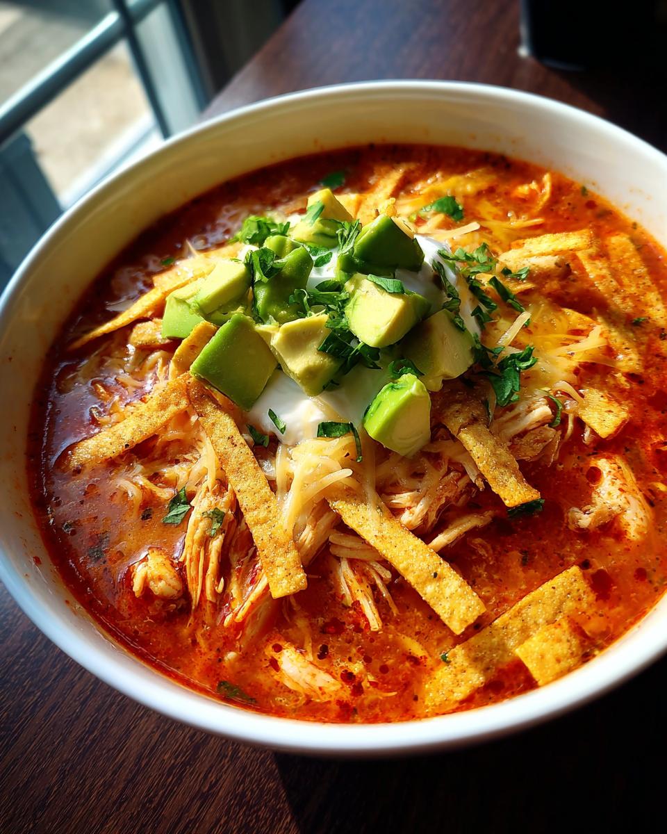 A close-up bowl of rich, red Chicken Tortilla Soup topped with shredded chicken, cheese, avocado, sour cream, and tortilla strips.