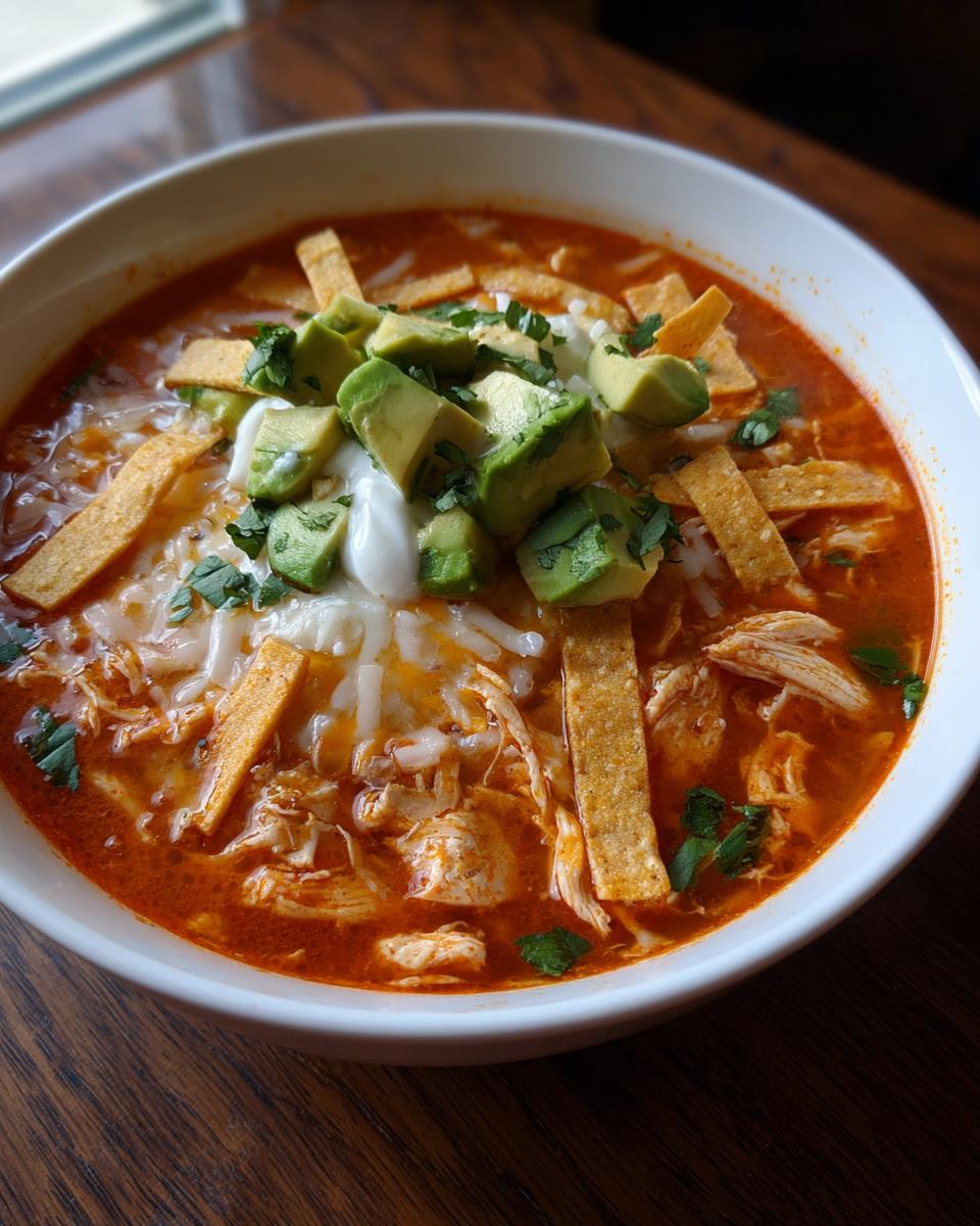 Close-up of a white bowl filled with rich red Chicken Tortilla Soup, topped with shredded chicken, cheese, avocado, and tortilla strips.
