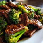 Close-up of tender slices of beef coated in a rich brown sauce mixed with bright green broccoli florets in Chinese Beef And Broccoli.