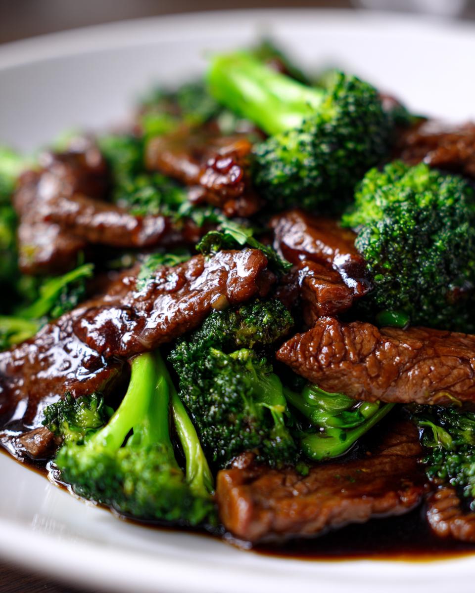 Close-up of tender slices of beef coated in a rich brown sauce mixed with bright green broccoli florets in Chinese Beef And Broccoli.