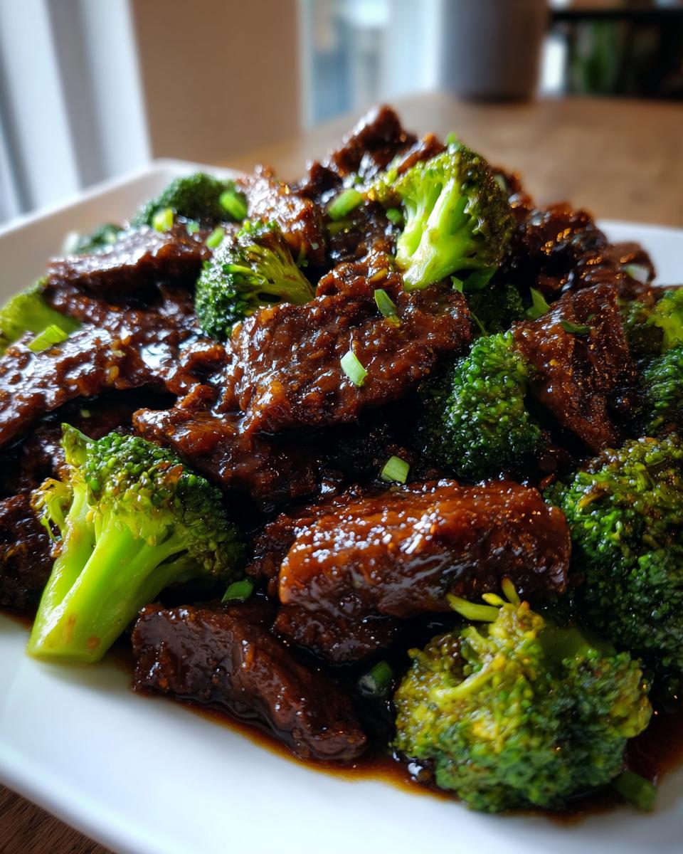 Close-up of tender slices of Chinese Beef And Broccoli coated in a rich, dark brown sauce, garnished with green onions.