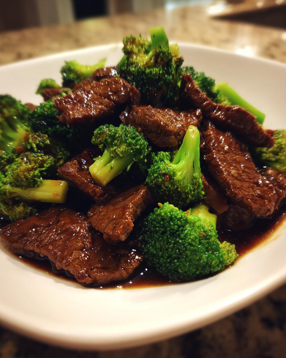 Close-up of tender slices of beef coated in dark sauce mixed with bright green broccoli florets in Chinese Beef And Broccoli.