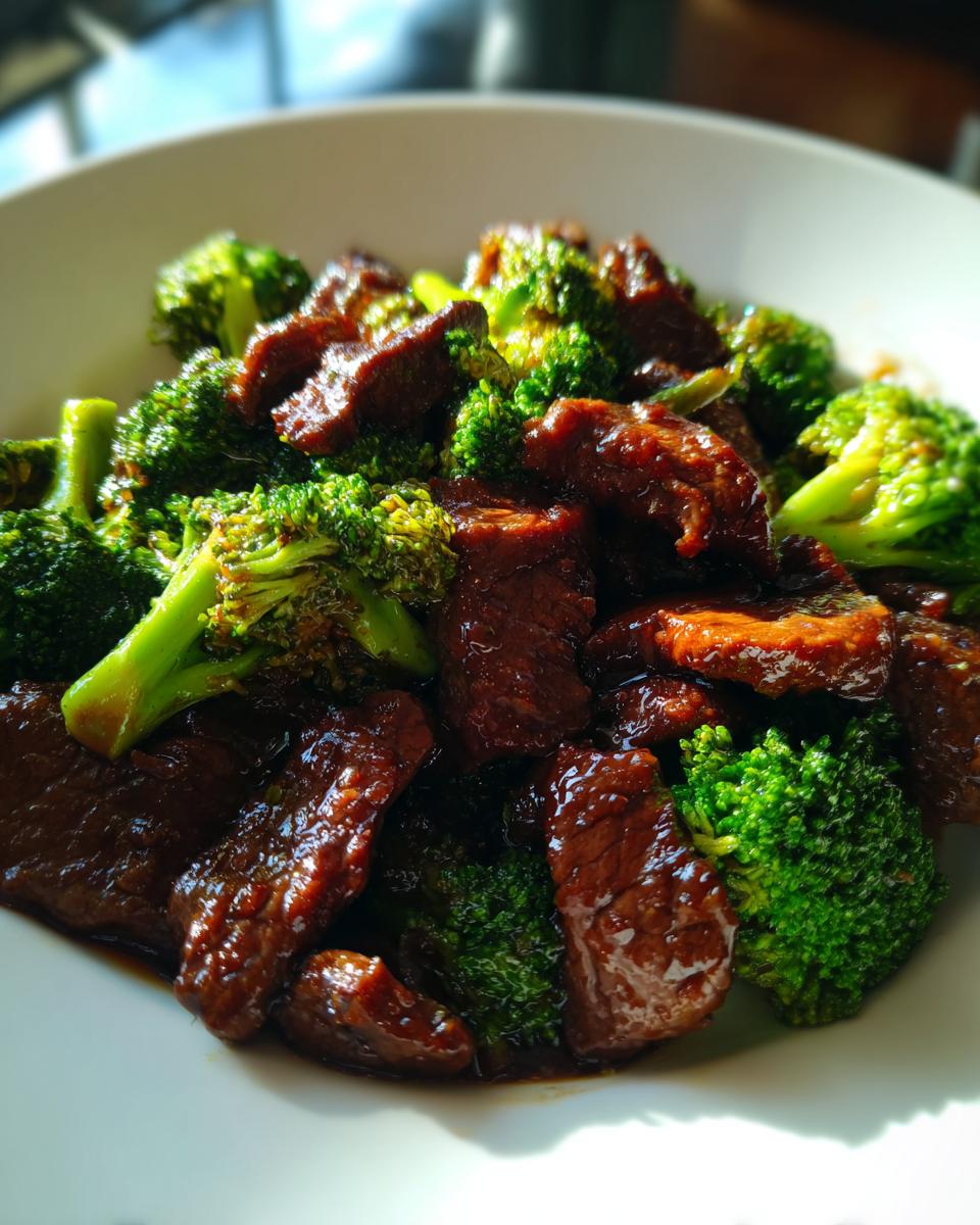 Close-up shot of tender slices of beef coated in savory sauce mixed with bright green broccoli florets, featuring Chinese Beef And Broccoli.