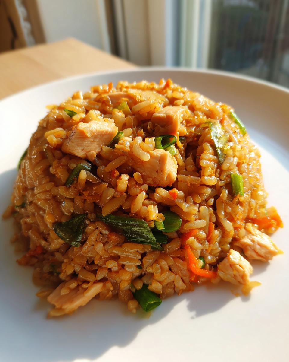A perfectly molded serving of savory Chinese Chicken Fried Rice with visible chunks of chicken and green onions.