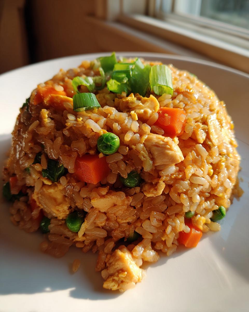A mound of savory Chinese Chicken Fried Rice, featuring rice, chicken pieces, carrots, and peas, topped with green onions.