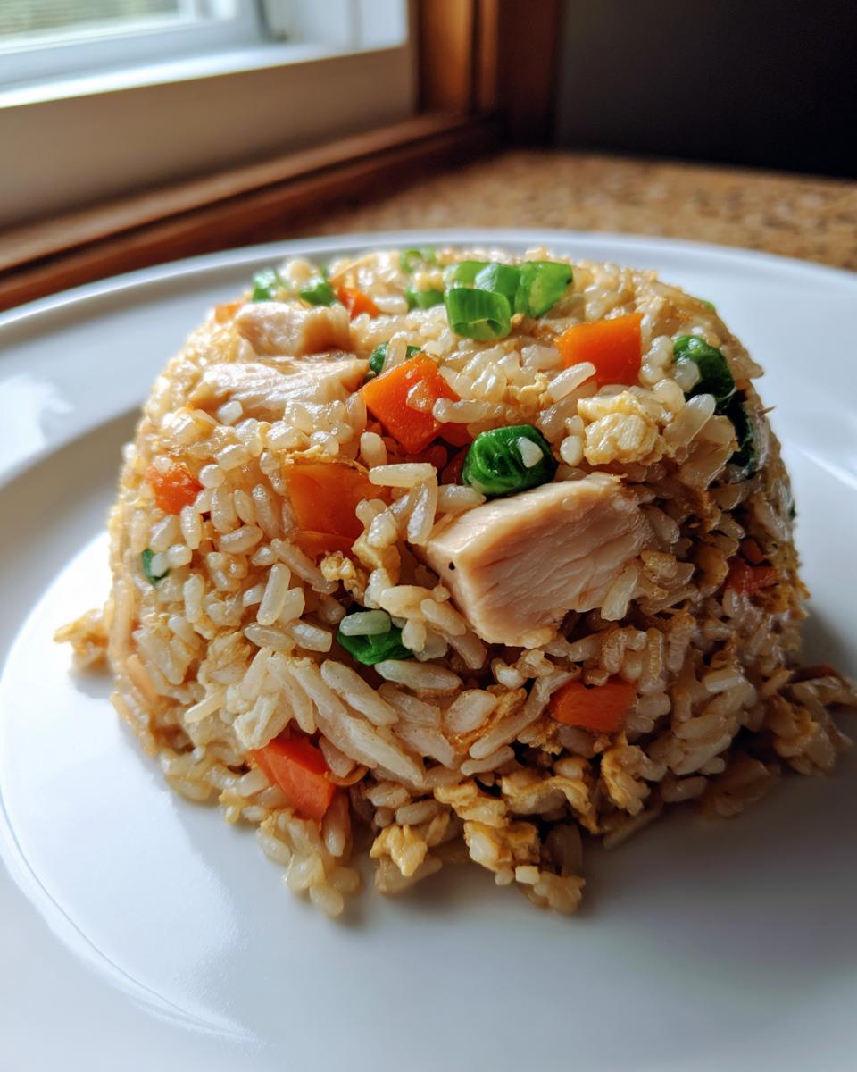 A molded serving of Chinese Chicken Fried Rice featuring white rice, diced chicken, carrots, peas, and green onions.