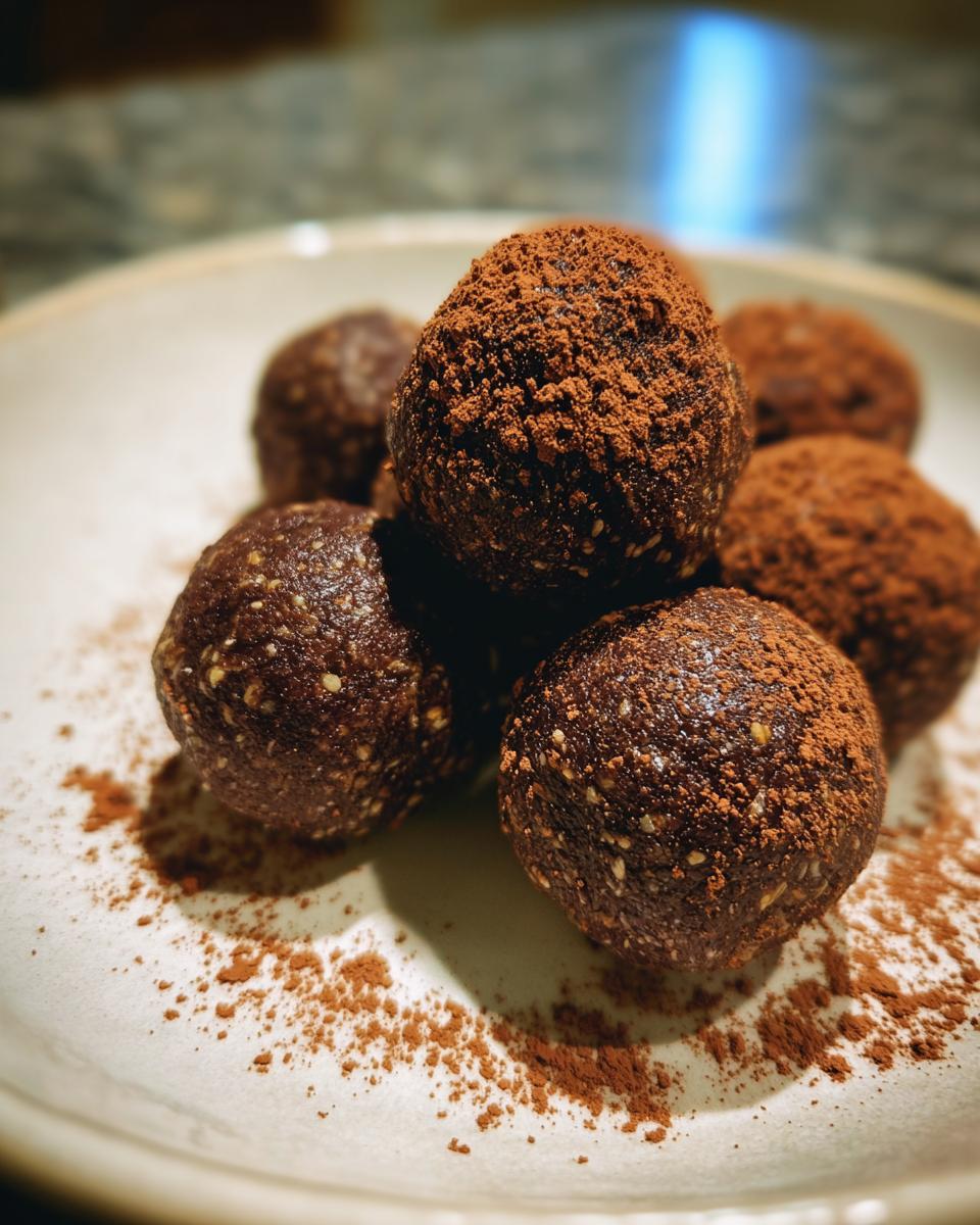 Close-up of rich chocolate date snack recipes, dusted heavily with cocoa powder.