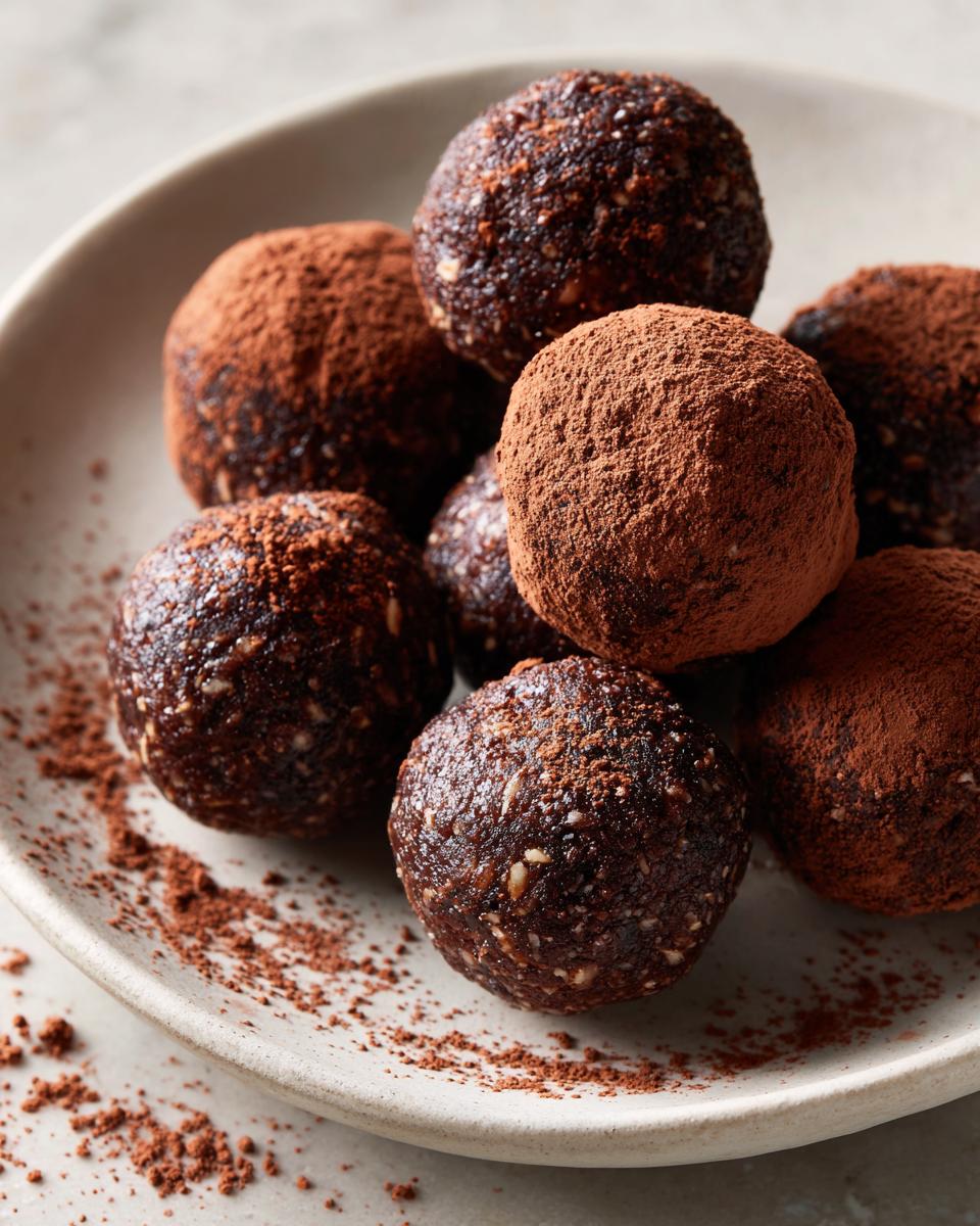 Close-up of rich, dark chocolate date snack balls dusted heavily with cocoa powder.