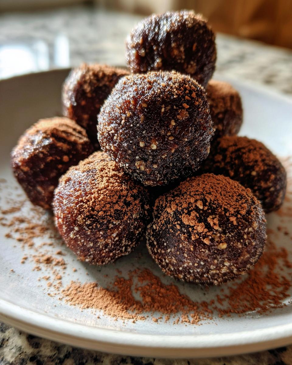 A stack of rich, dark chocolate date snack recipes dusted heavily with cocoa powder.