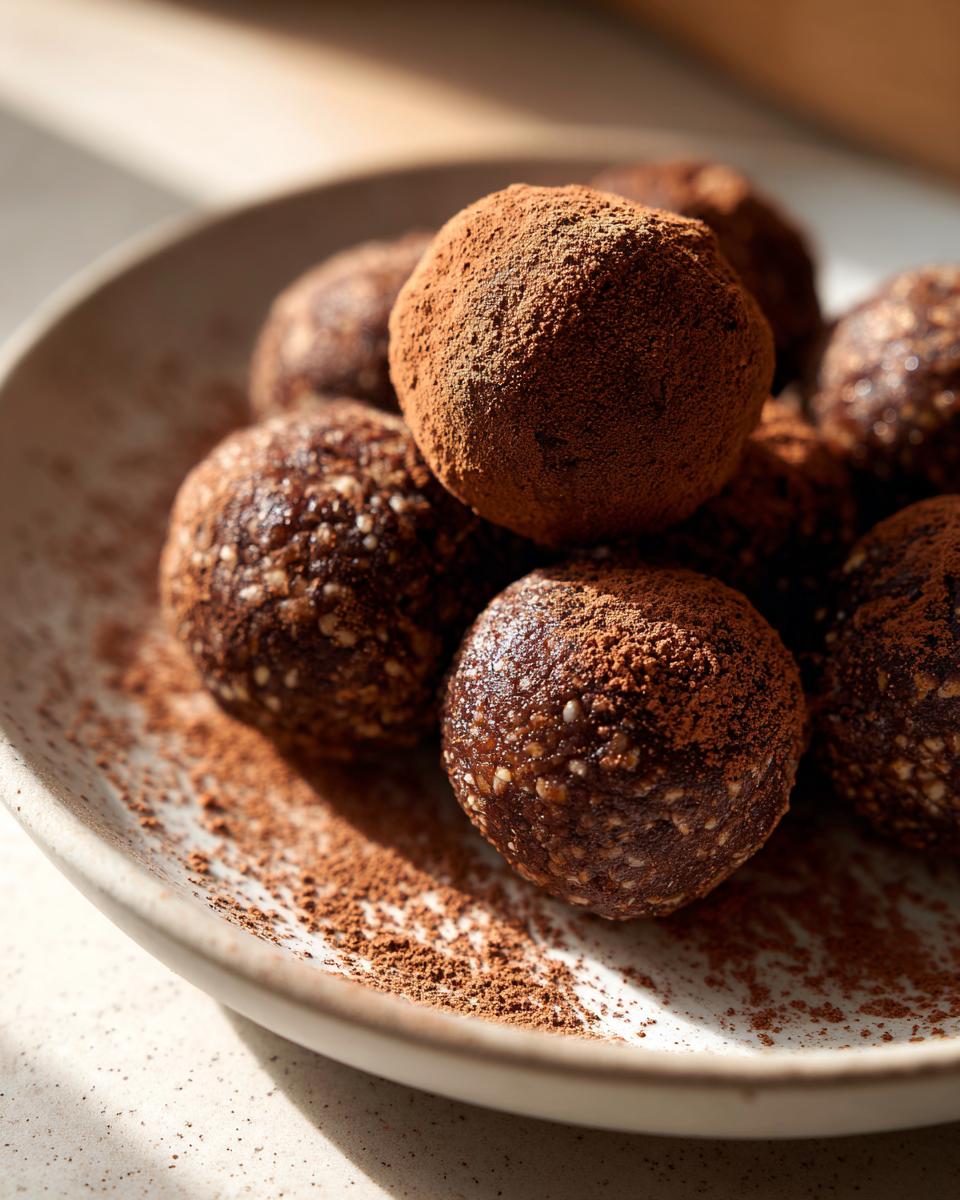 Close-up of rich, dark chocolate date snack balls dusted heavily with cocoa powder.