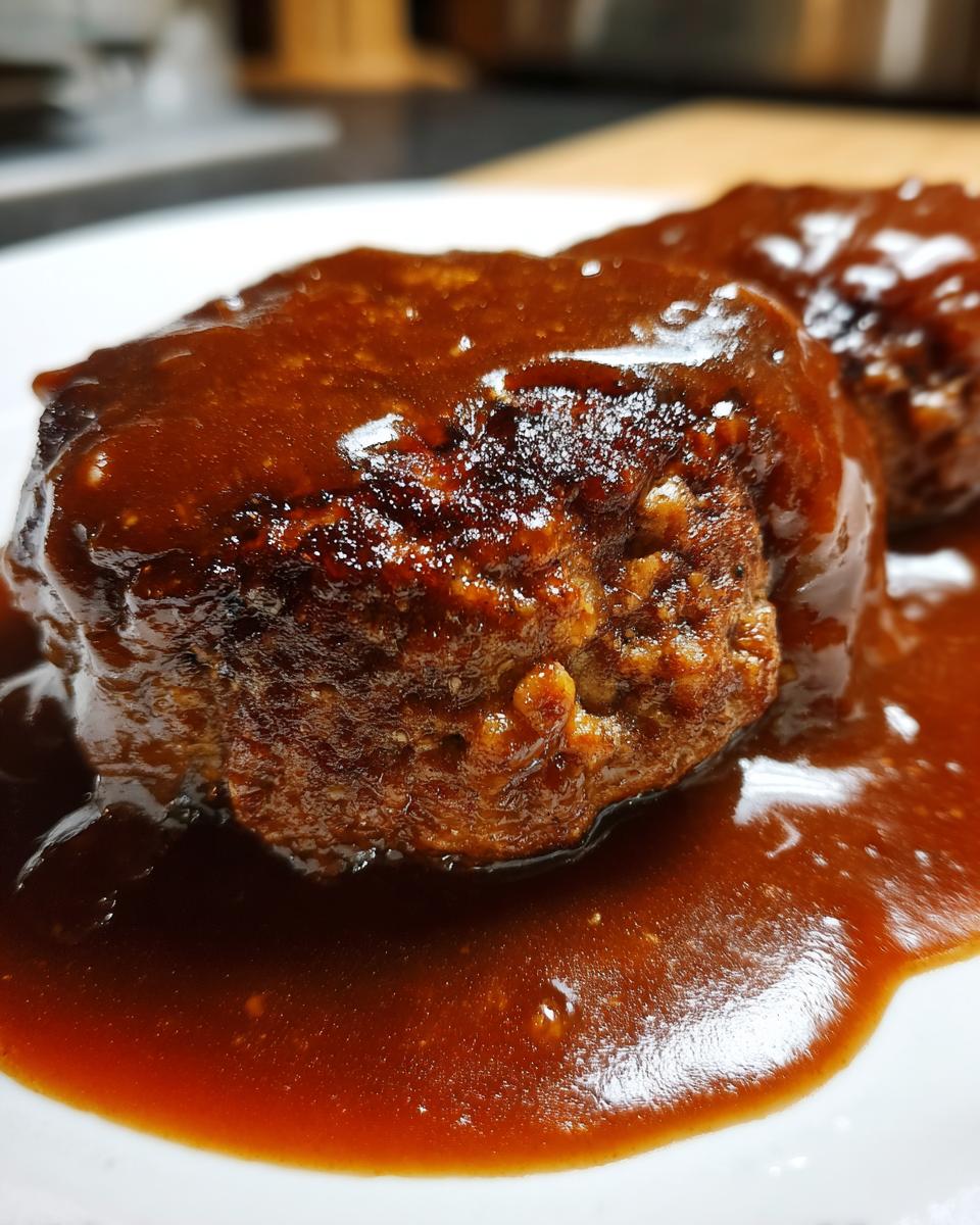 A close-up shot of a juicy Classic Salisbury Steak patty smothered in rich brown gravy.