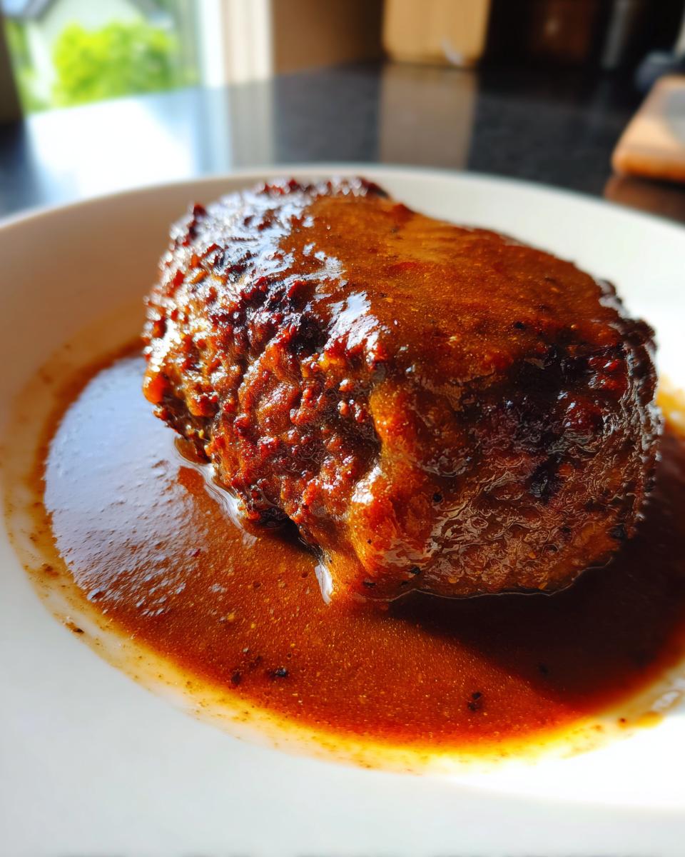 Close-up of a perfectly seared Classic Salisbury Steak patty smothered in rich brown gravy on a white plate.