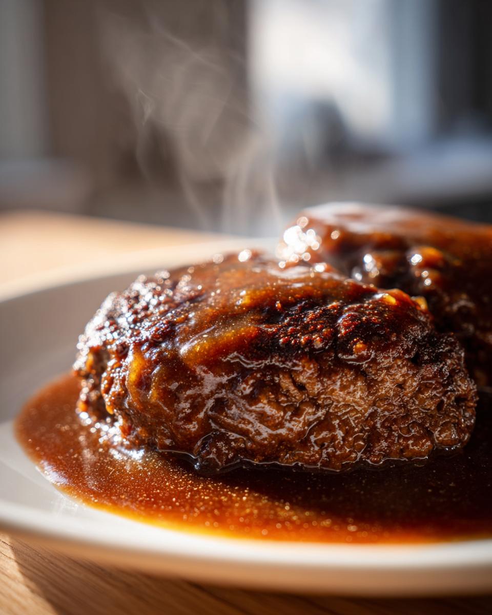 Close-up of two hot Classic Salisbury Steak patties covered in rich brown gravy, with steam rising off the dish.