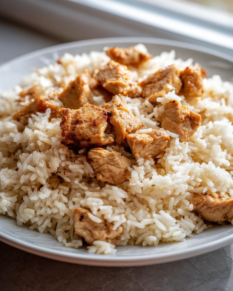 A close-up of fluffy white rice topped with golden, cubed pieces of seasoned chicken and rice.