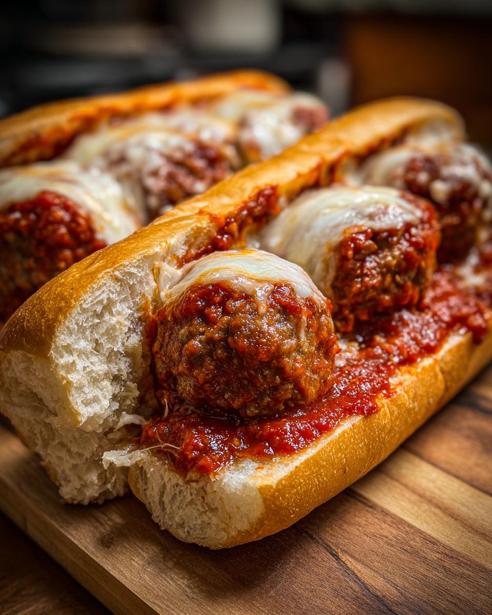 Close-up of a delicious Meatball Sub With Marinara, featuring meatballs smothered in sauce and melted white cheese on a toasted roll.