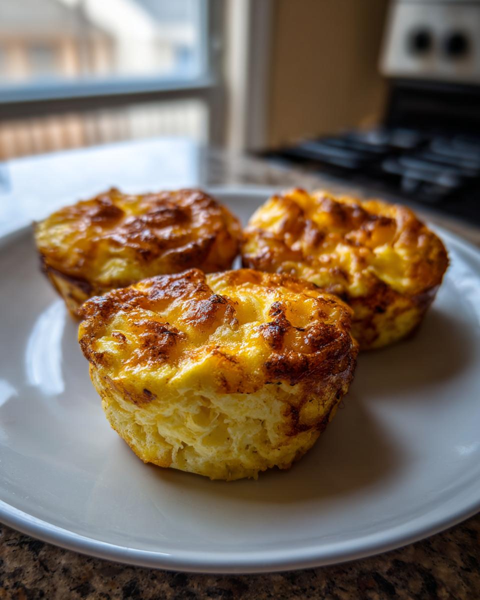 Three freshly baked Cottage Cheese Egg Bites with golden brown tops served on a white plate.