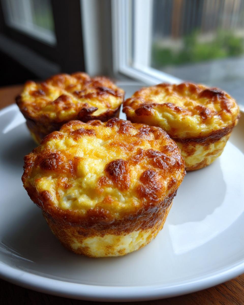 Three freshly baked Cottage Cheese Egg Bites with golden brown, slightly crispy tops, resting on a white plate.
