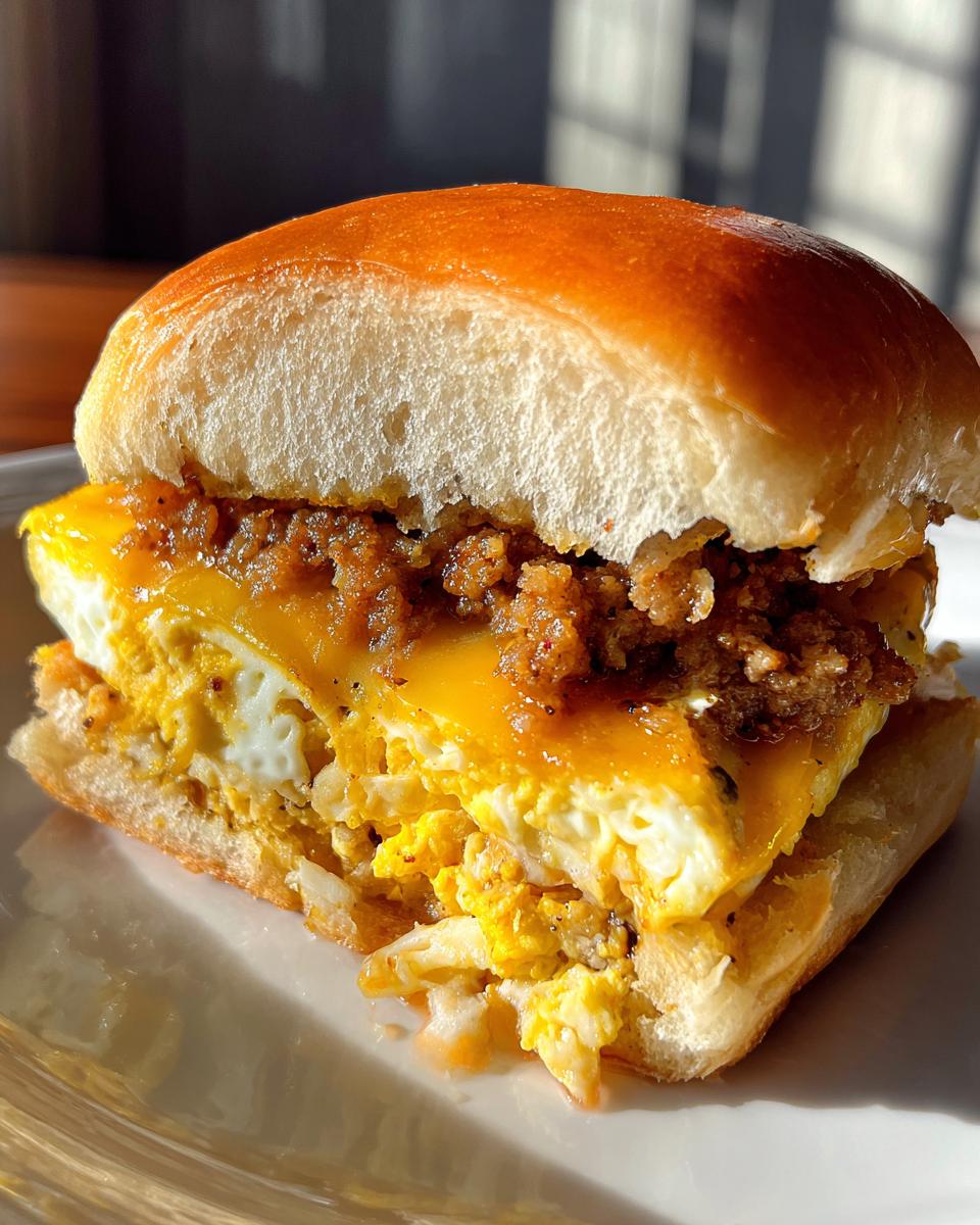 A close-up view of a single Crack Breakfast Slider featuring a brioche bun, folded egg, melted cheese, and sausage topping.