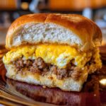 A cross-section of a Crack Breakfast Slider showing a soft bun filled with seasoned sausage, scrambled egg, and melted cheese.