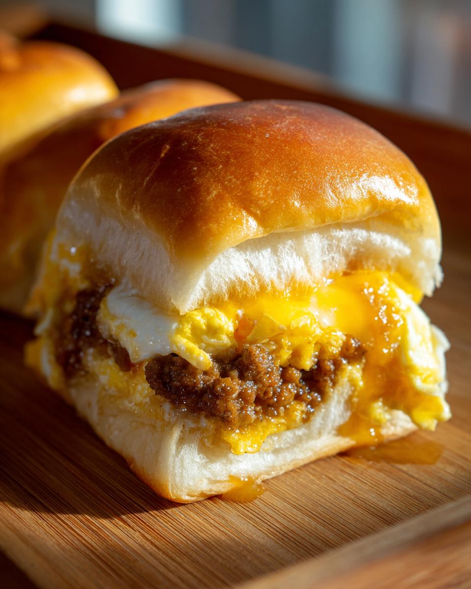 A close-up of a single Crack Breakfast Slider showing a rich brown filling and runny egg yolk inside a soft, shiny roll.