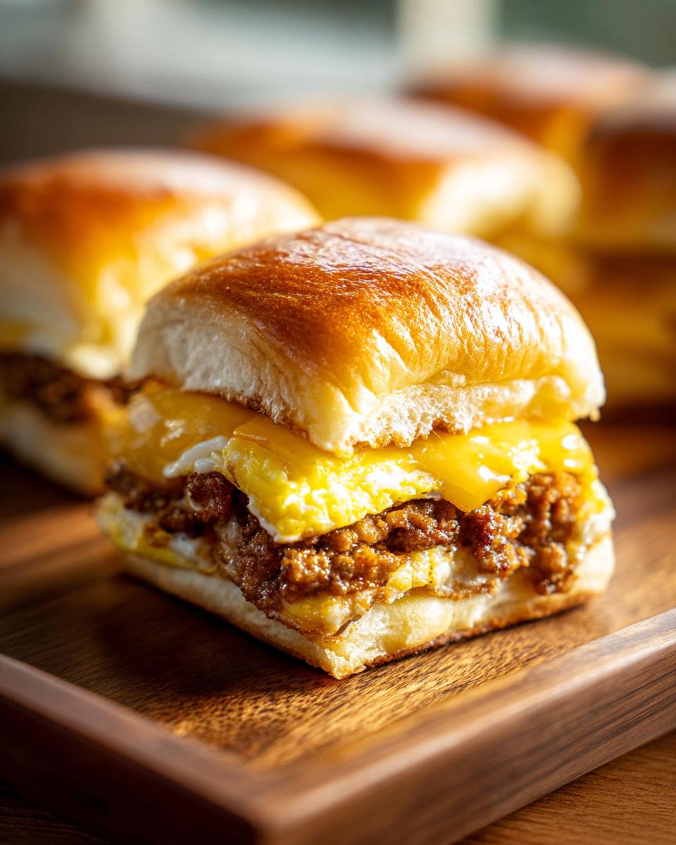 A close-up of one of the amazing Crack Breakfast Sliders, featuring sausage, egg, and melted cheese on a soft roll.