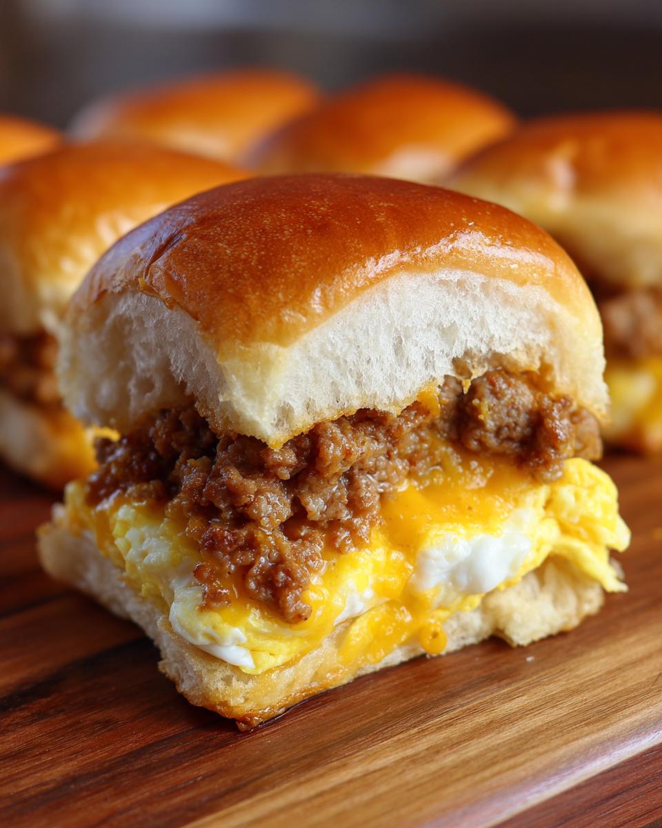 A close-up view of one of the delicious Crack Breakfast Sliders, showing layers of fluffy egg, melted cheese, and sausage on a soft roll.